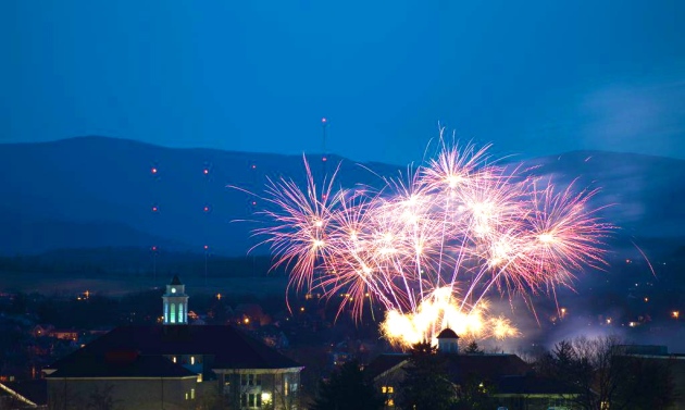 Fireworks at James Madison U, at inauguration of President Jonathan R. Alger
